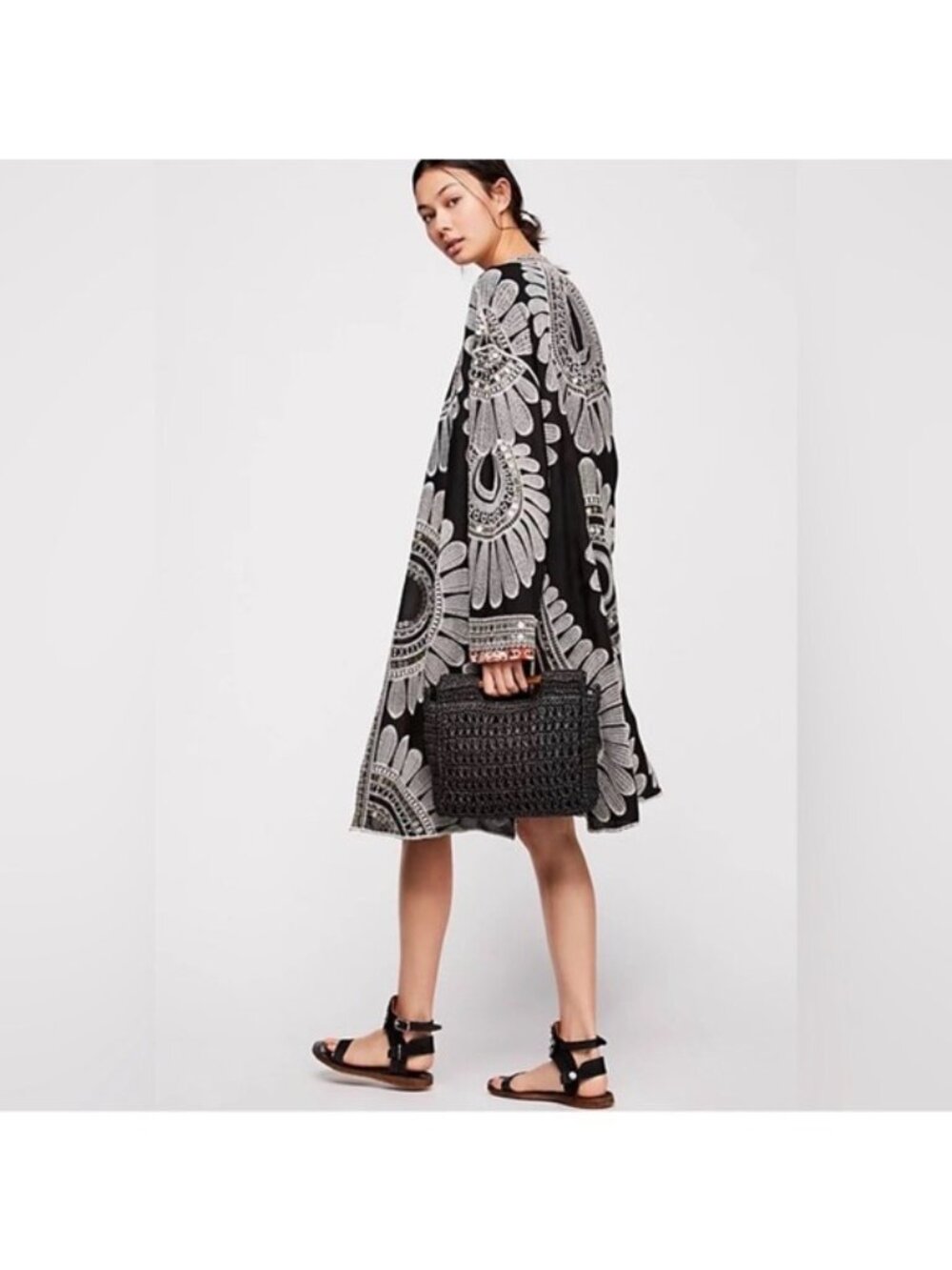 Free People Black Embroidered Open Front Kimono Jacket collab with KAS XS/S